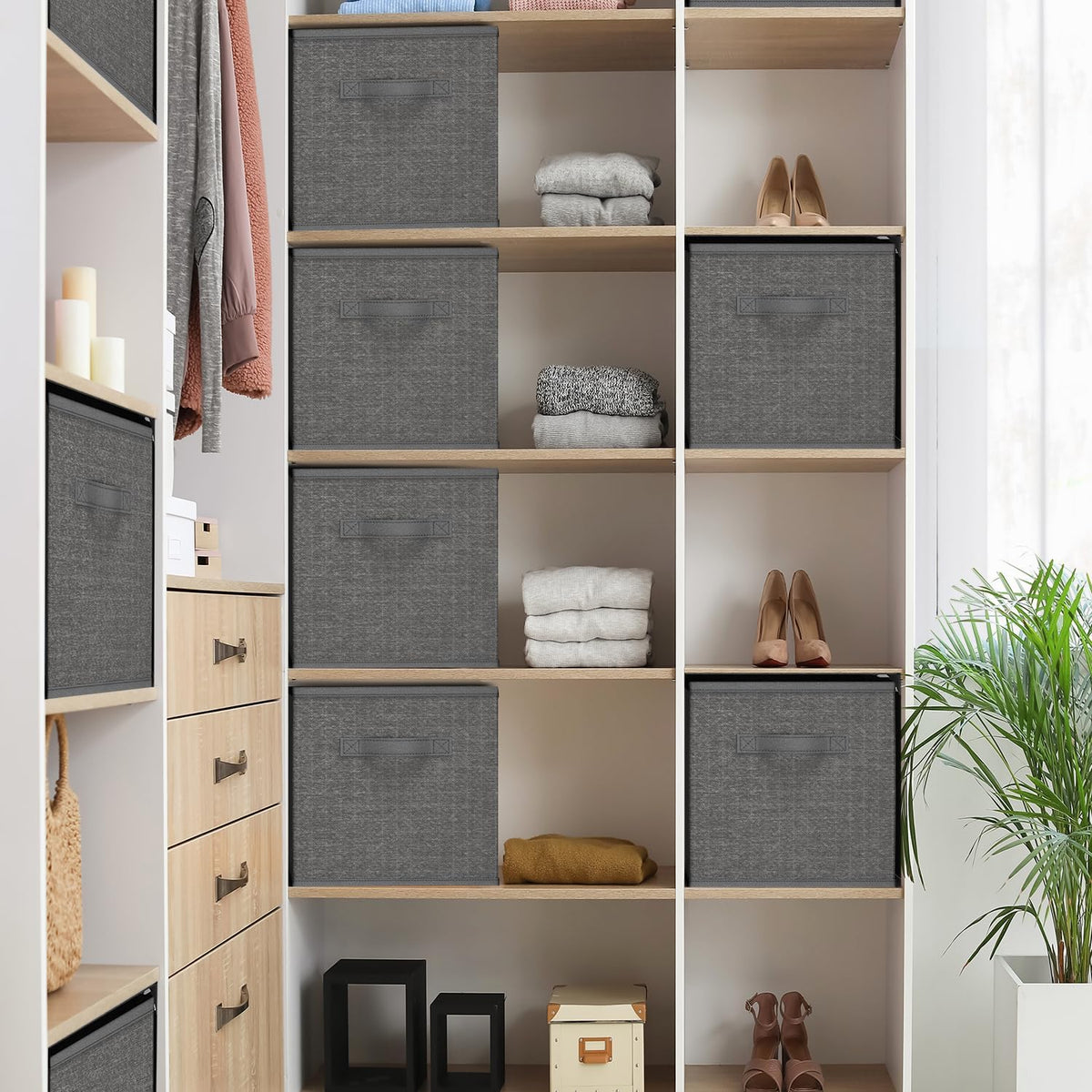 Cube Storage Bins, Foldable 6 Cube Storage Organizer Bins, Fabric Storage Cubes, Storage Basket with Handles, Grey Closet Storage Bins, 11-Inch Cube Storage Bins for Bedroom, Playroom and More