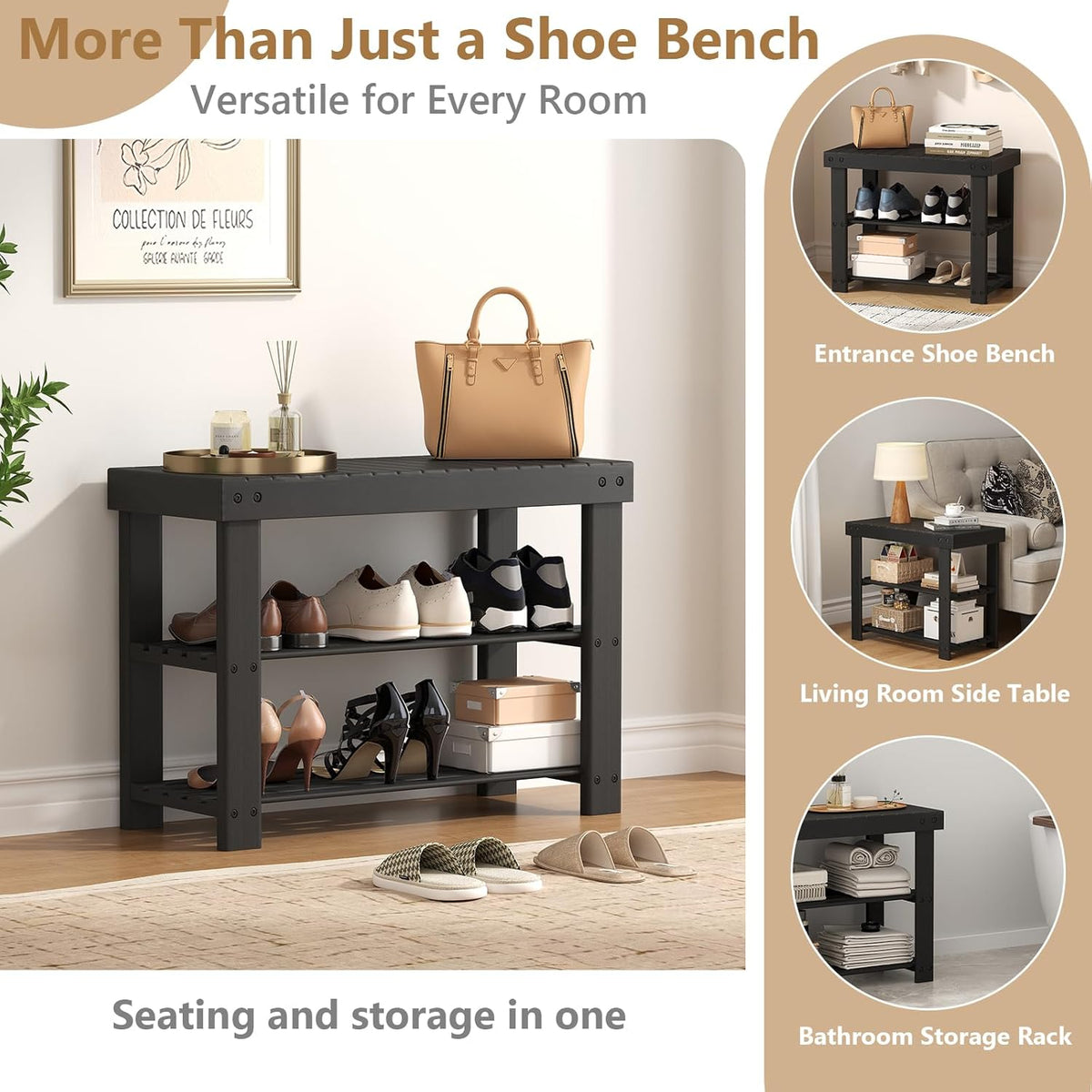 Shoe Rack Bench, 3-Tier Bamboo Shoe Organizer, Wooden Entryway Storage Bench, 286 Lb Load Capacity, 11.2X27.6X17.9 Inches, for Entryway Bathroom Bedroom Balcony, Black