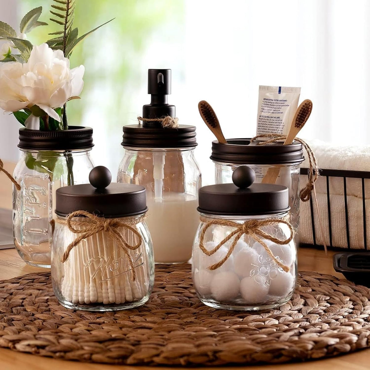 Mason Jar Bathroom Accessories Set, 4Pcs Glass Bathroom Set,Bronze