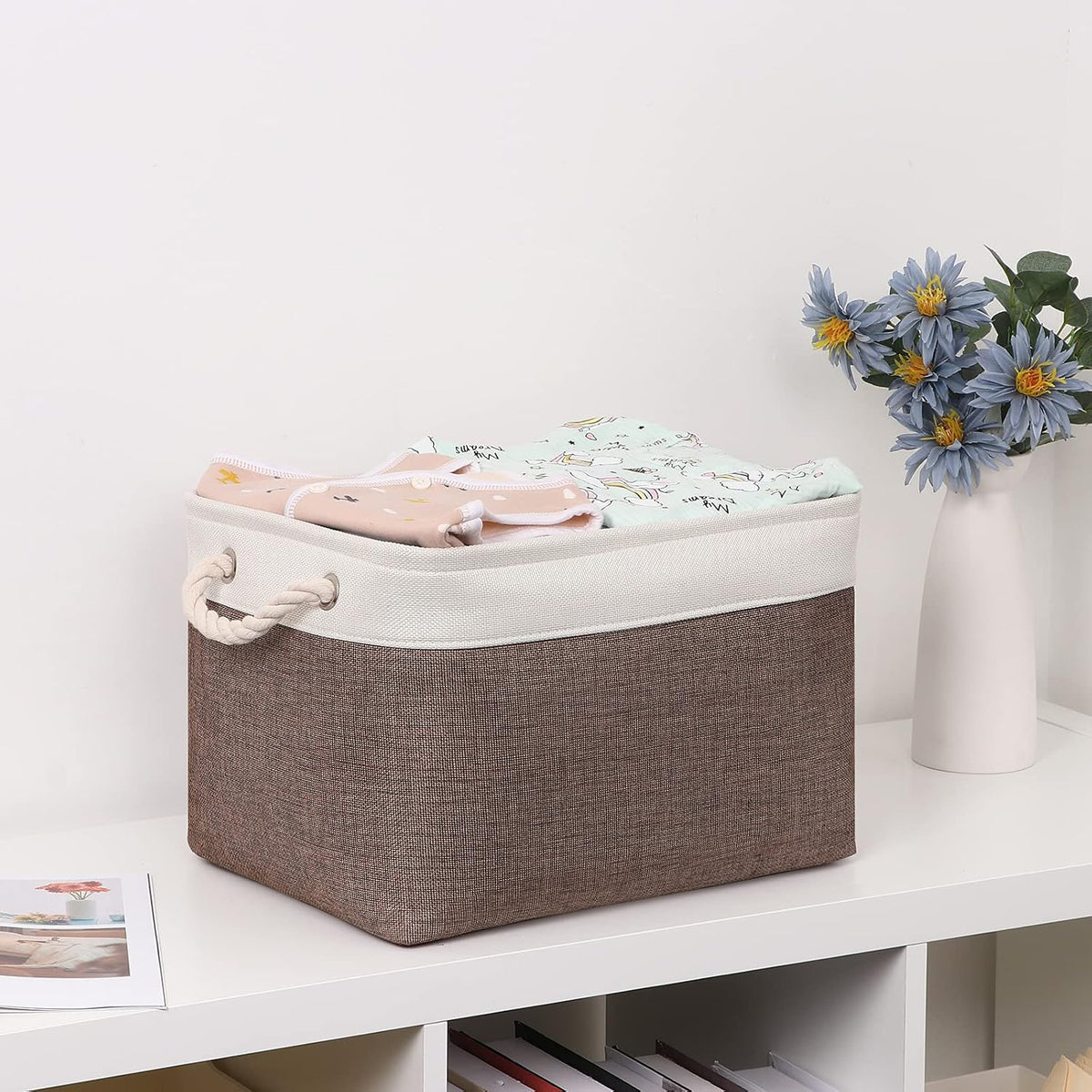 Baskets Fabric Storage Bins for Shelves [3-Pack] Decorative Storage Baskets for Organizing 15 X 11 X 9.5 Inches Nursery Closet Foldable Toy Storage Closet Organizer Brown