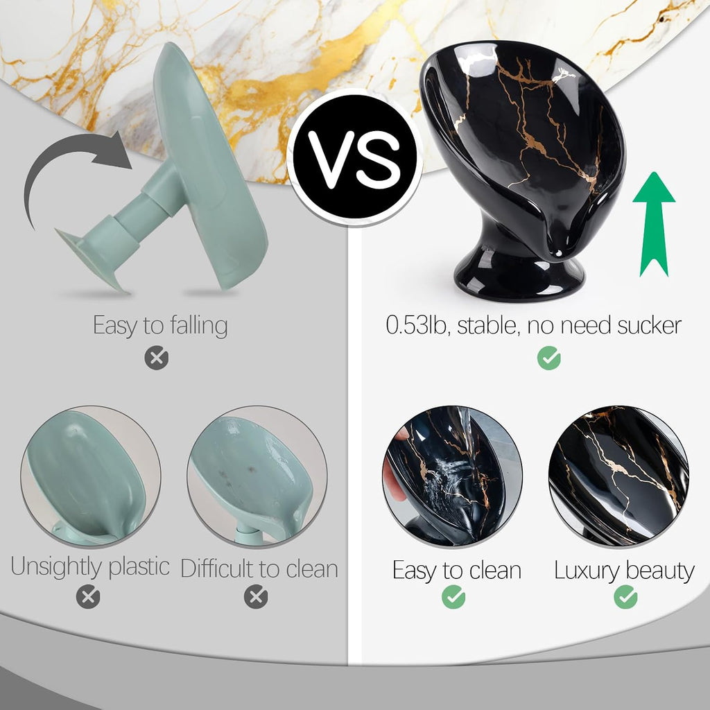 Soap Dish, Ceramic Soap Holder Self Draining Leaf Shape Bar Soap Holder, Marble Look Black Drain Soap Dish Holder for Bathroom, Easy to Clean Keeps Soap Dry,