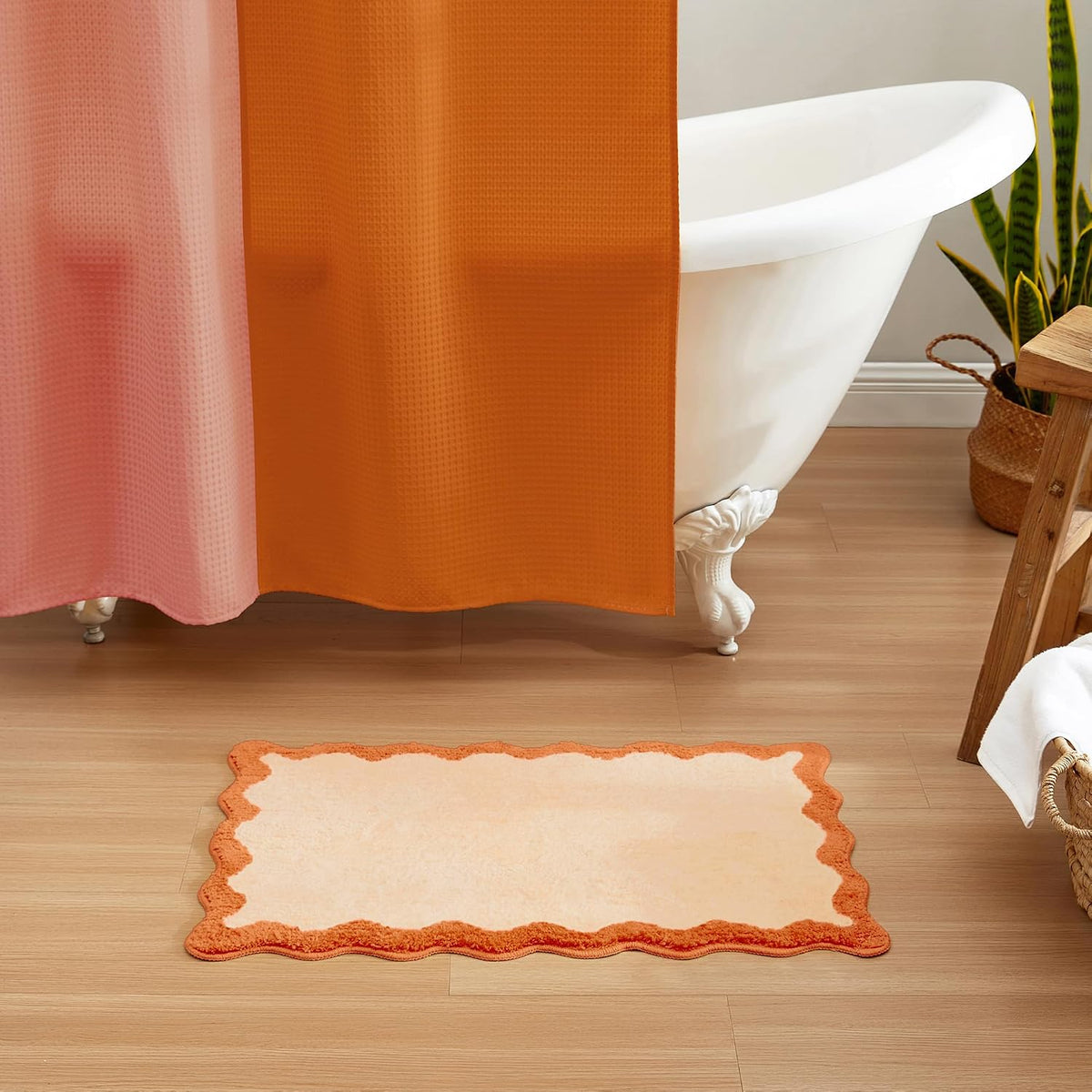 Bath Mat with Scalloped Wavy Ripple Design, Microfiber Absorbent Non Slip Tufted Rug for Floor, Shower or Kitchen (20X32 Inch, Orange)