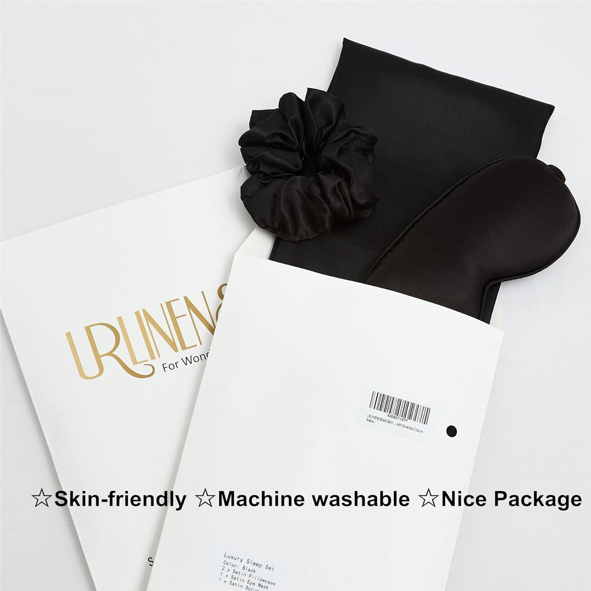 Black Satin Pillowcase Standard Size 2 Pack with 1 Eye Mask and 1 Scrunchie