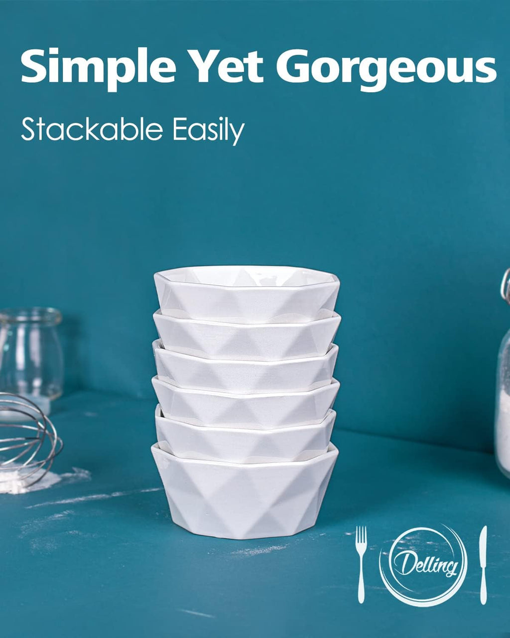 6 Oz Porcelain Ramekins Set of 6, Geometric Creme Brulee Ramekins Oven Safe, Souffle Dishes for Baking Dessert Ice Cream Snack, Small Ceramic Bowls Dishwasher Microwave Freezer Safe, White