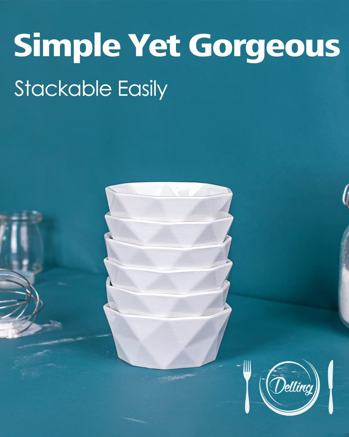 6 Oz Porcelain Ramekins Set of 6, Geometric Creme Brulee Ramekins Oven Safe, Souffle Dishes for Baking Dessert Ice Cream Snack, Small Ceramic Bowls Dishwasher Microwave Freezer Safe, White