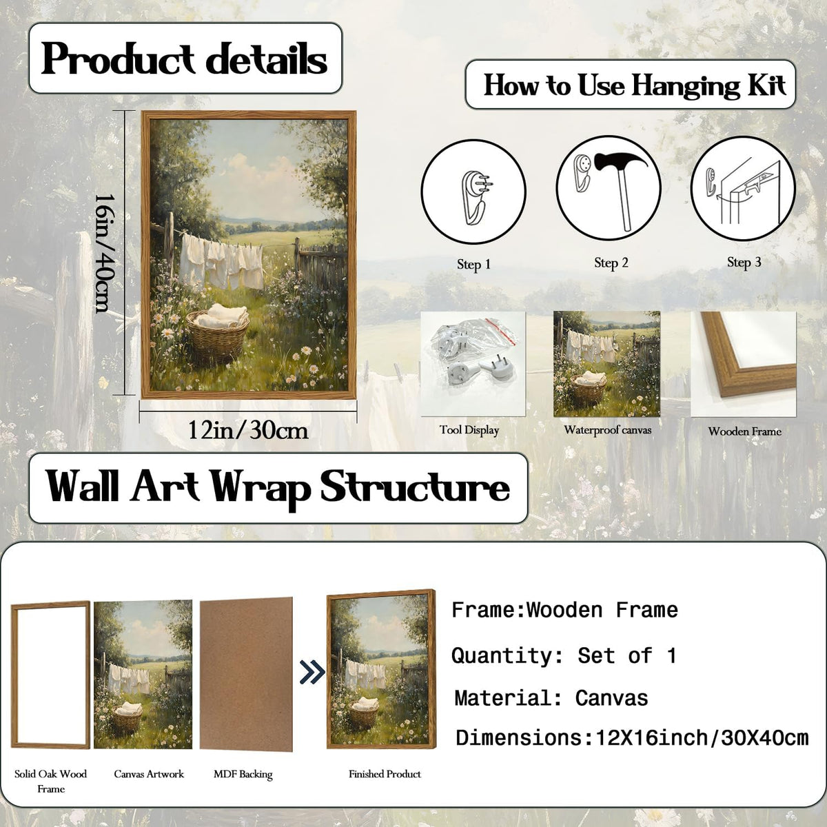 Framed Vintage Laundry Room Wall Art, Farmhouse Landscape Wildflower Pictures Wall Decor, Cottagecore Country Nature Paintings Canvas Prints Home Decor Aesthetic for Bathroom Living Room 12X16 Inch
