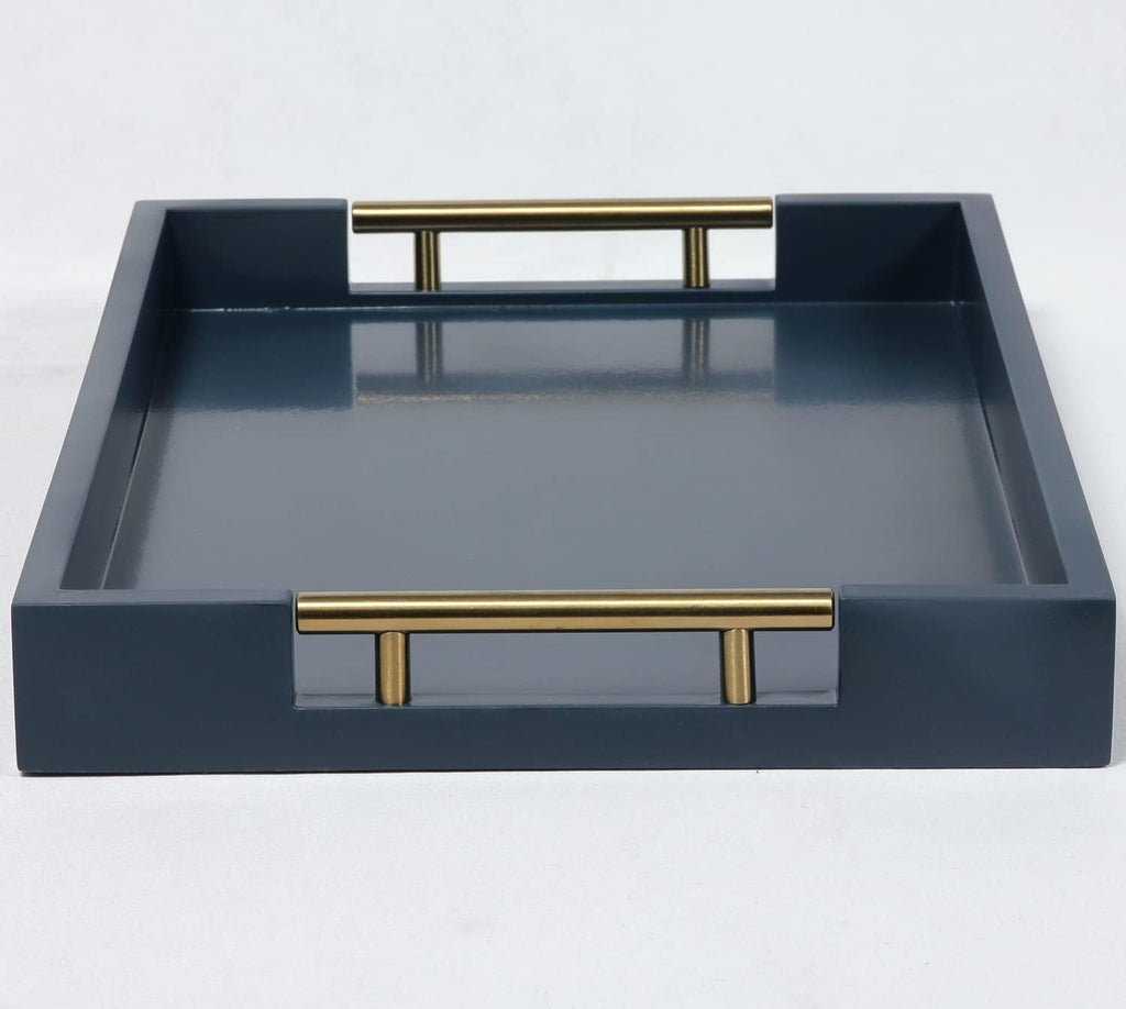 Serving Tray with Polished Metal Handles, 16.5''X12'' Rectangle Coffee Table Tray, Modern Decorative Tray, Large Ottoman Tray, Perfect for Storage and Display (Blue)
