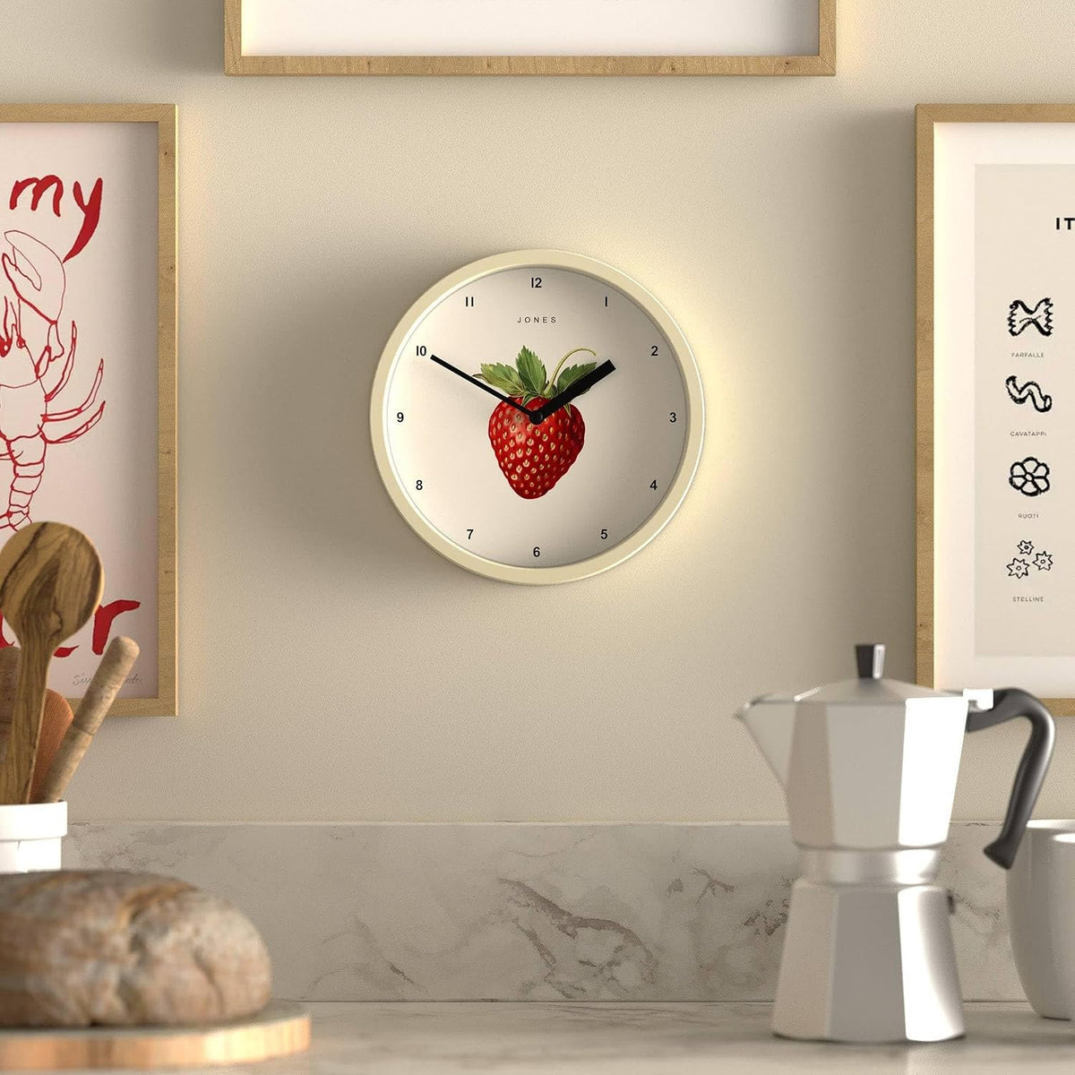 ® Fruit Wall Clock | Small round Clock | 8" | Cream | Botanical Illustrated Strawberry Artwork | Ideal for Kitchen and Dining Rooms.
