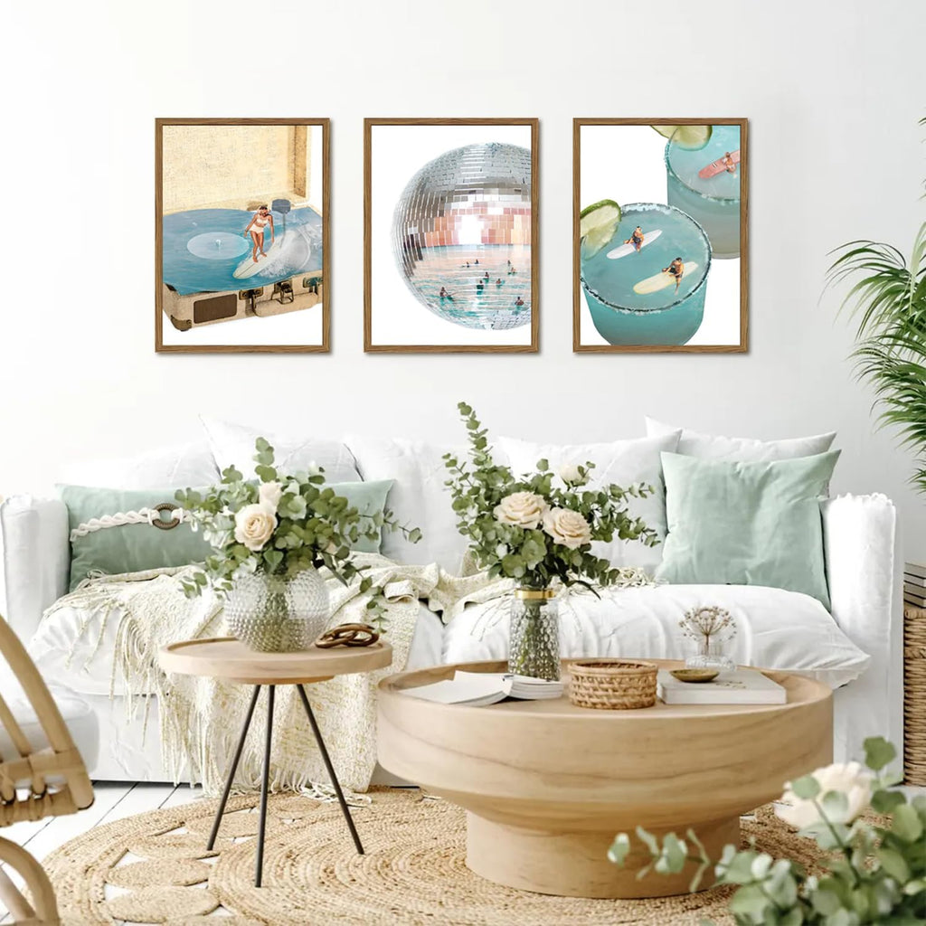 Framed Trendy Blue Coastal Wall Art Set of 3, Preppy Disco Ball Beach Wall Decor Pictures, Girly Y2K Retro Surf Paintings Canvas Prints Aesthetic Home Decor for Living Room Bedroom Bathroom 12X16 Inch