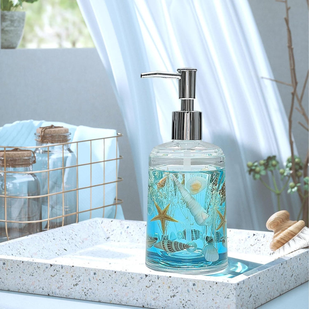 Soap Dispenser with Pump Acrylic W/Nature Seashell Handmade Bathroom Hand Soap Dispenser, Kitchen Refillable Liquid Dispenser for Soap,Dish Soap, Lotion (Blue)