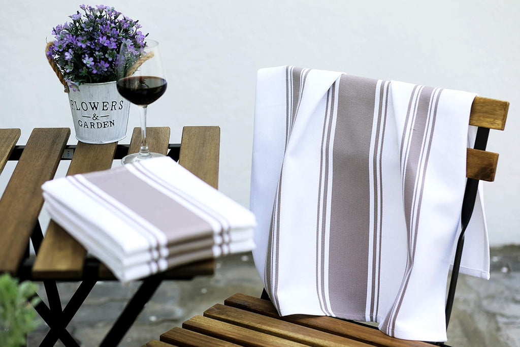 Kitchen Towels 100% Cotton Pack of 4, Highly Absorbent Quick Drying Premium Striped Dish Towel for Kitchen with Hanging Loop Hand & Tea Towels (Beige)