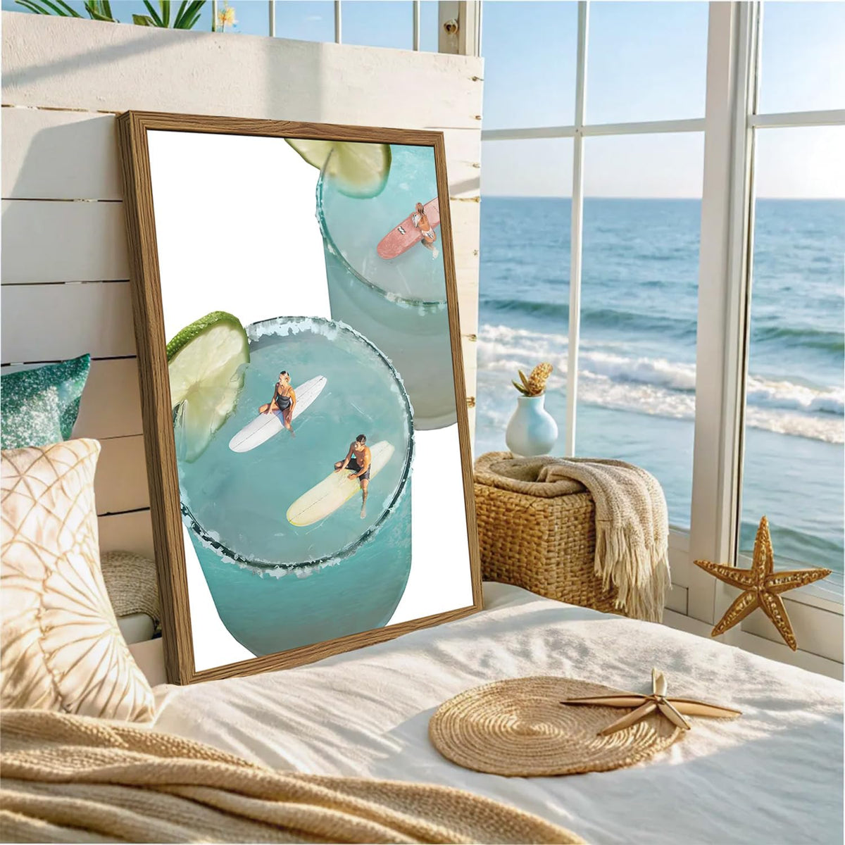 Framed Trendy Blue Coastal Wall Art Set of 3, Preppy Disco Ball Beach Wall Decor Pictures, Girly Y2K Retro Surf Paintings Canvas Prints Aesthetic Home Decor for Living Room Bedroom Bathroom 12X16 Inch