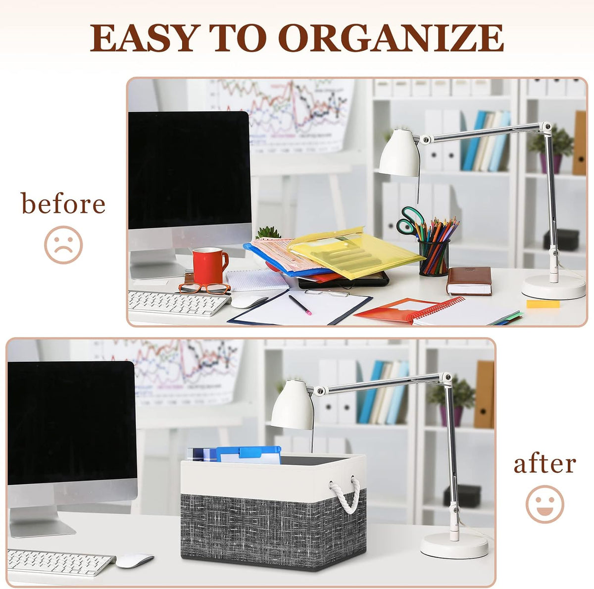 Storage Bin,Collapsible Storage Basket for Organizing,Large Storage Boxes with Rope Handles,Storage Containers,White & Black,6 Pack
