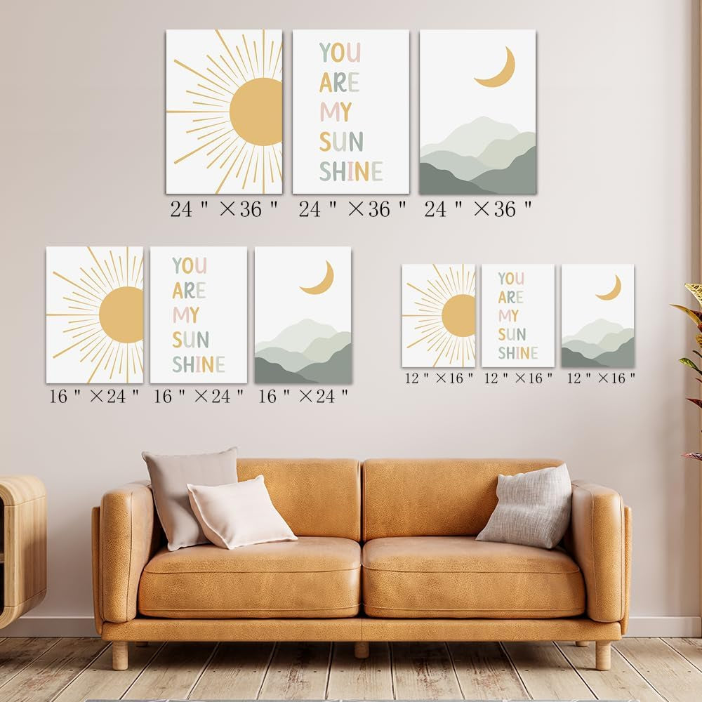 Boho Sun Moon Wall Art Set of 3,Framed Canvas Wall Art Sun Rising on the Horizon Geometric Nature Mountain Art Wall,Mid-Century Modern Prints Boho Wall Decor Nursery Decor Green Brown 24"X36"