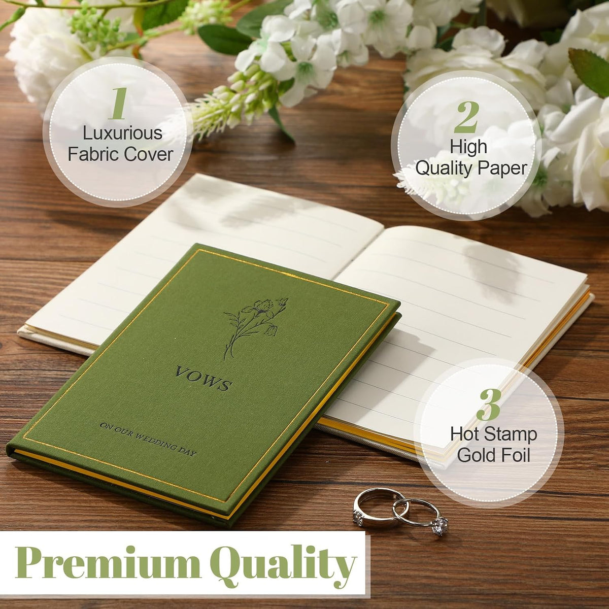 Wedding Vow Books His and Hers, Gold Foil, Green, Beige