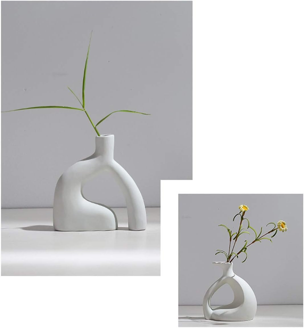 White Ceramic Vase, Nordic Style Modern Minimalist Pottery Vase Rustic Home Decor Table Centerpieces Vase Ceramic Vases for Fireplace Decor Living Room Flowers Decoration, 5.9'' X 5.9''