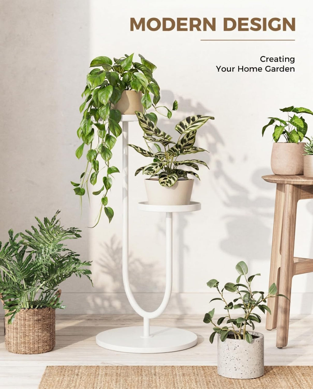 Metal Plant Stand Indoor Corner Plant Stands 2 Tier Plant Shelf for Tall Plant Holder Black Plant Shelves for Living Room Bedroom Midcentury Modern Home Decor(White)