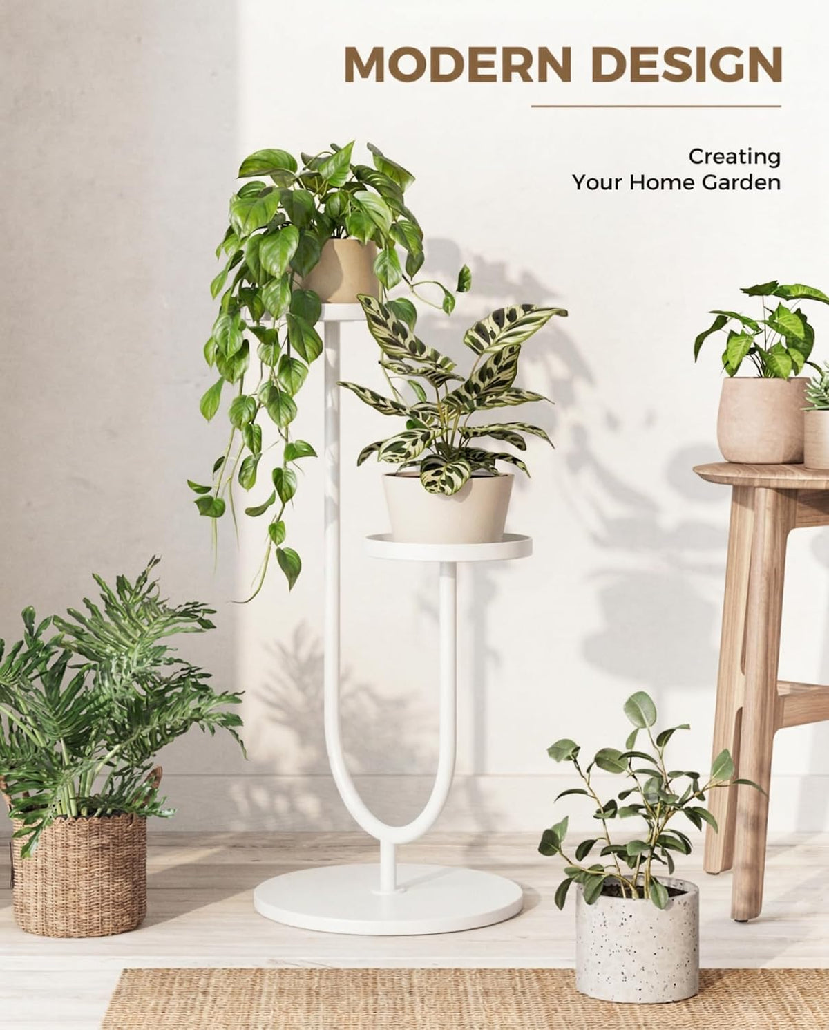 Metal Plant Stand Indoor Corner Plant Stands 2 Tier Plant Shelf for Tall Plant Holder Black Plant Shelves for Living Room Bedroom Midcentury Modern Home Decor(White)