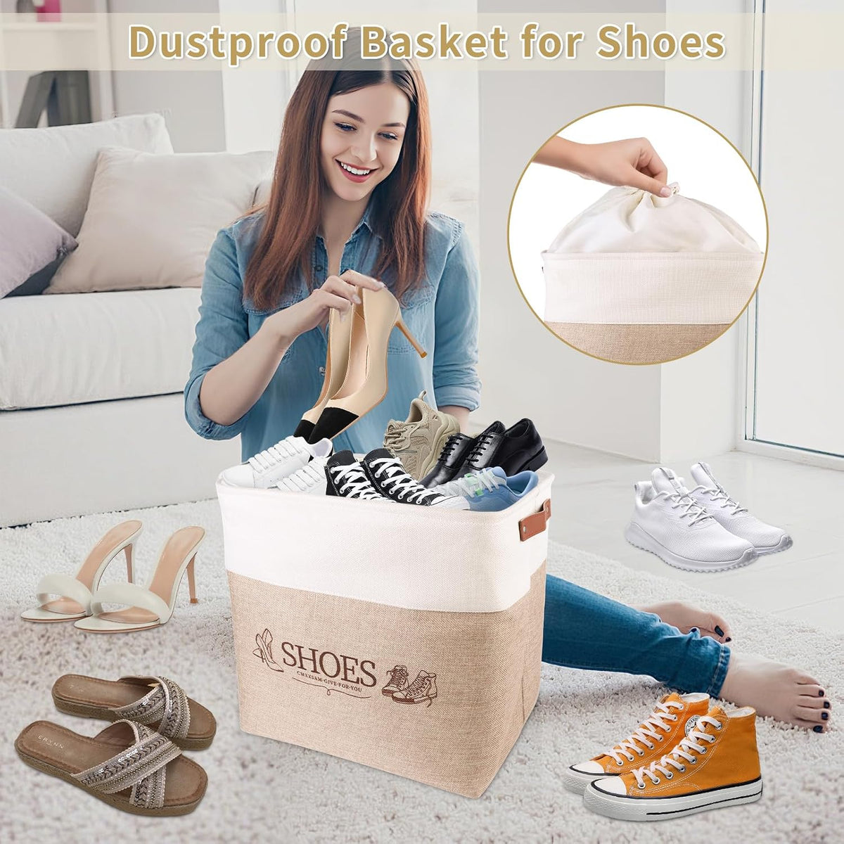 Shoe Basket Organizer, Large Capacity Fabric Entryway Shoe Storage Bin with Handle, Flodable Space-Saving Shoe Basket for Entryway, Hallway, Entryway and Mudroom