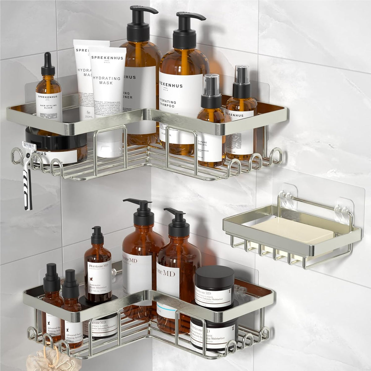 Corner Shower Caddy, 3-Pack Adhesive Shower Caddy with Soap Holder and 12 Hooks, Rustproof Stainless Steel Bathroom Organizer, No Drilling Wall Mounted Shower Rack, Nickel