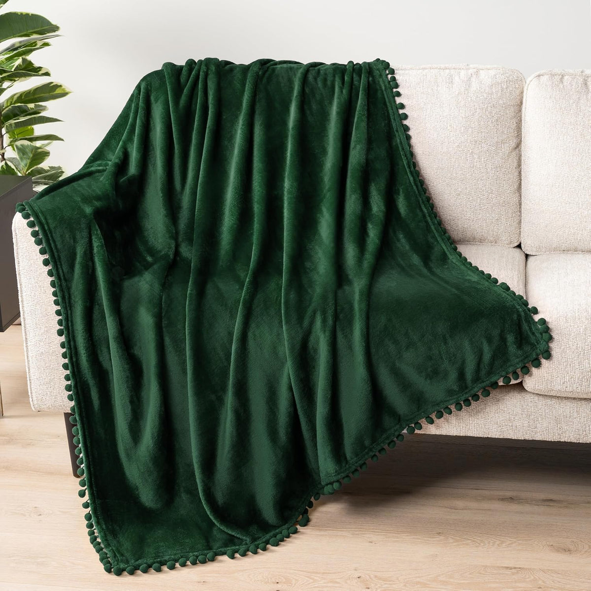 Fleece Throw Blanket for Couch with Pom Pom Fringe, Emerald Green, Soft Cozy Fuzzy Flannel Blanket for Sofa Bed, Lightweight Plush All Season Throw, 50X60 Inches