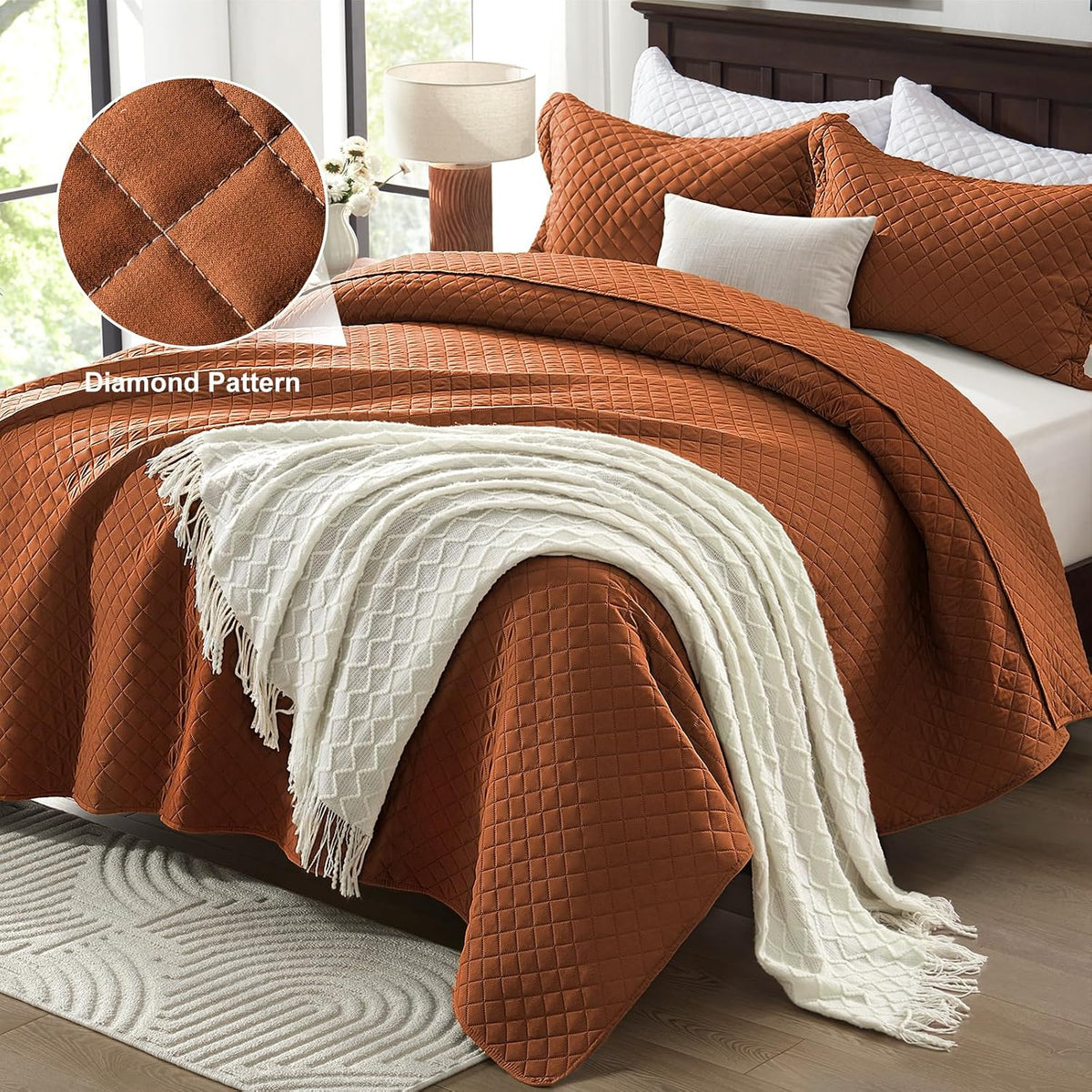 King Quilt Bedding Set, Lightweight Bedspreads,Brunt Orange