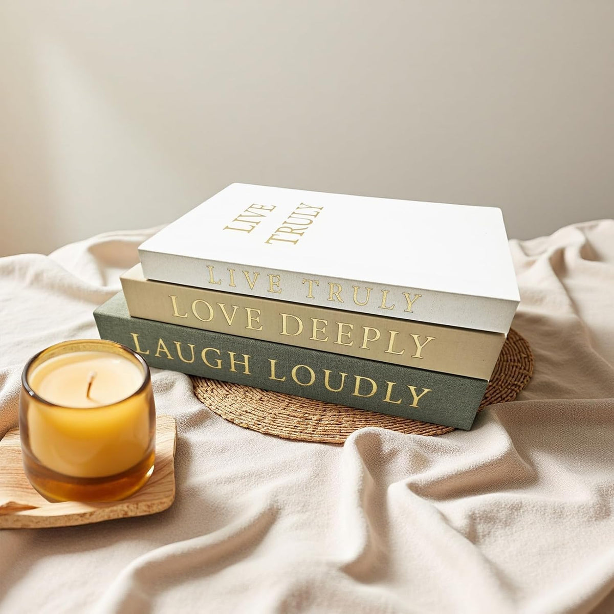 Aesthetic Decorative Books, Set of 3 Linen Faux Books for Decoration