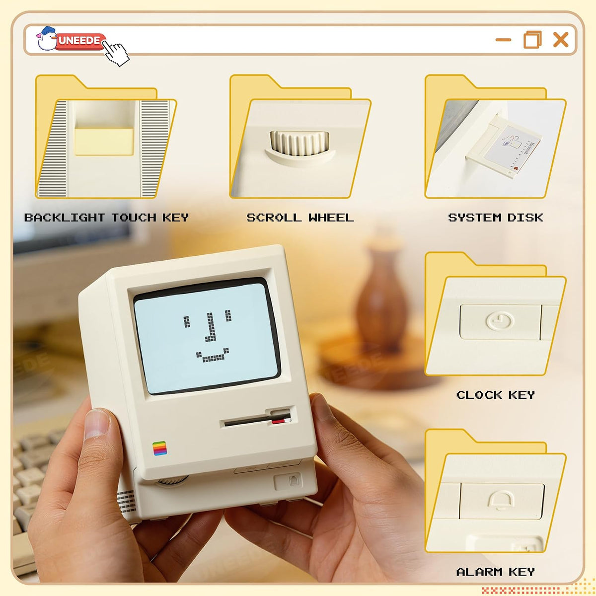 Maclock Retro Desk Clock, 1984 W-8 Computer Inspired Pixel Display Rechargeable Desk Clock, Multi-Alarm, Calendar, Temperature, Dimmable, Unique Retro Tech Gift for Office Bedroom Night Light