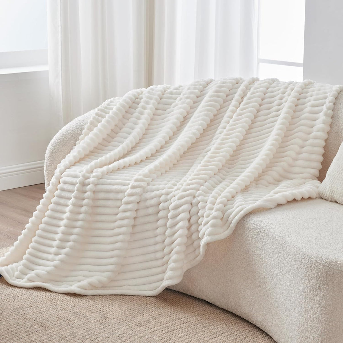 Ribbed Fleece Throw Blanket for Couch, Cream, 50"X60"