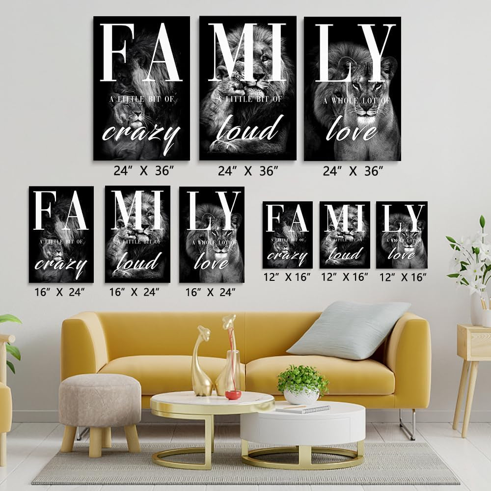 Farmhouse Family Wall Art Set of 3 Home Living Room Dining Room Wall Decor Animal Lion Art Black Gray Rustic Wood Framed Modern Wall Decor for Living Room,Family Signs Prints Canvas 12"X16"