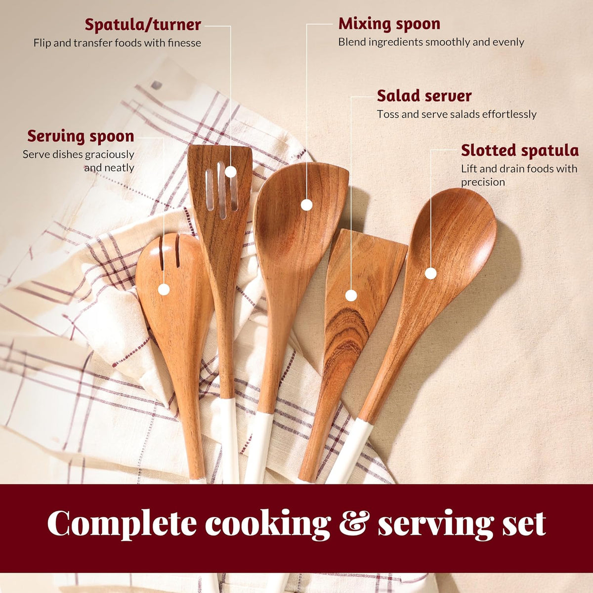 Premium Wooden Spoons for Cooking,Kitchen Utensils Set of 5(12")