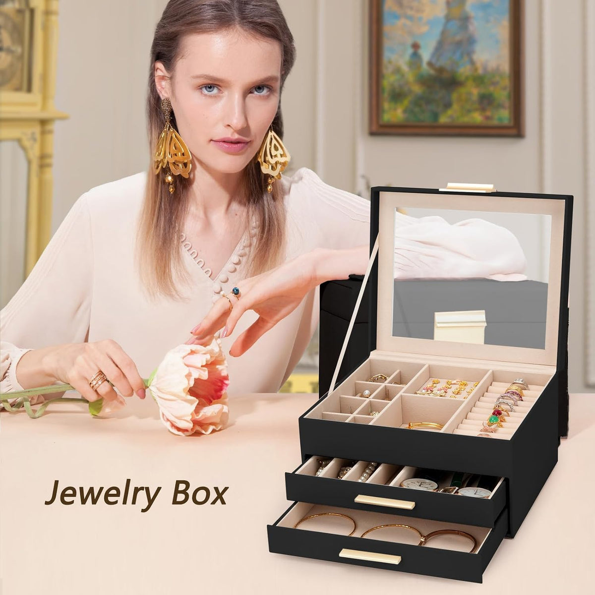 3-Layer Jewelry Box for Women, Jewelry Organizer with Glass Lid and Drawers, Jewelry Organizers and Storage for Necklaces, Rings, Earrings, Bracelets - White/Green/Black