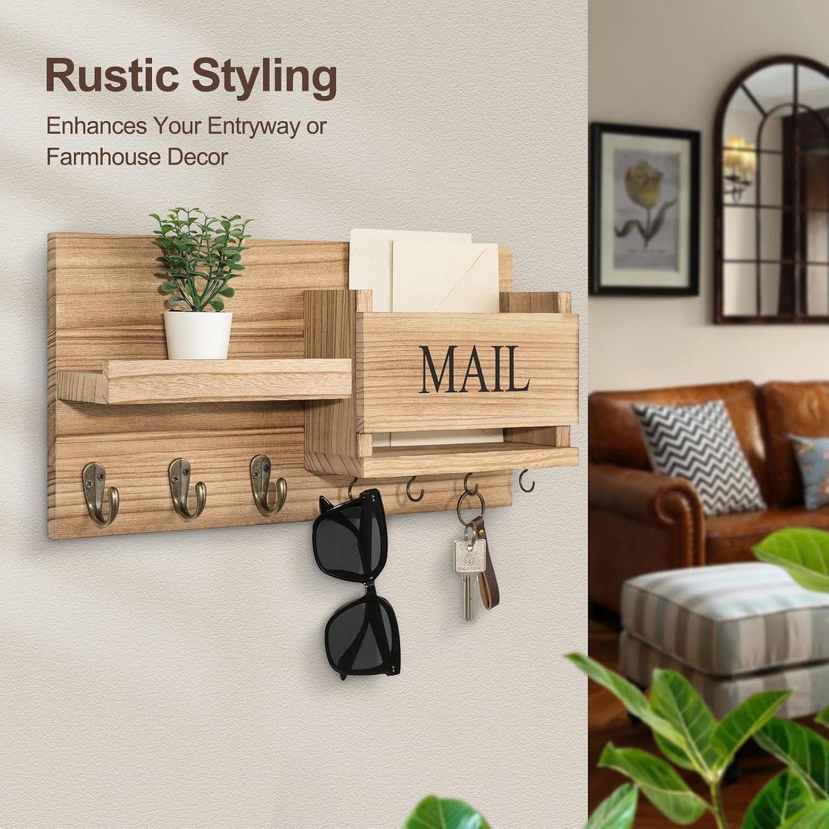 Mail Organizer for Wall Mount – Key Holder with Shelf Includes Letter Holder and Hooks for Hallway Farmhouse Decor – Rustic Wood with Flush Mounting Hardware (16.5” X 9.1” X 3.4”) (Wood)