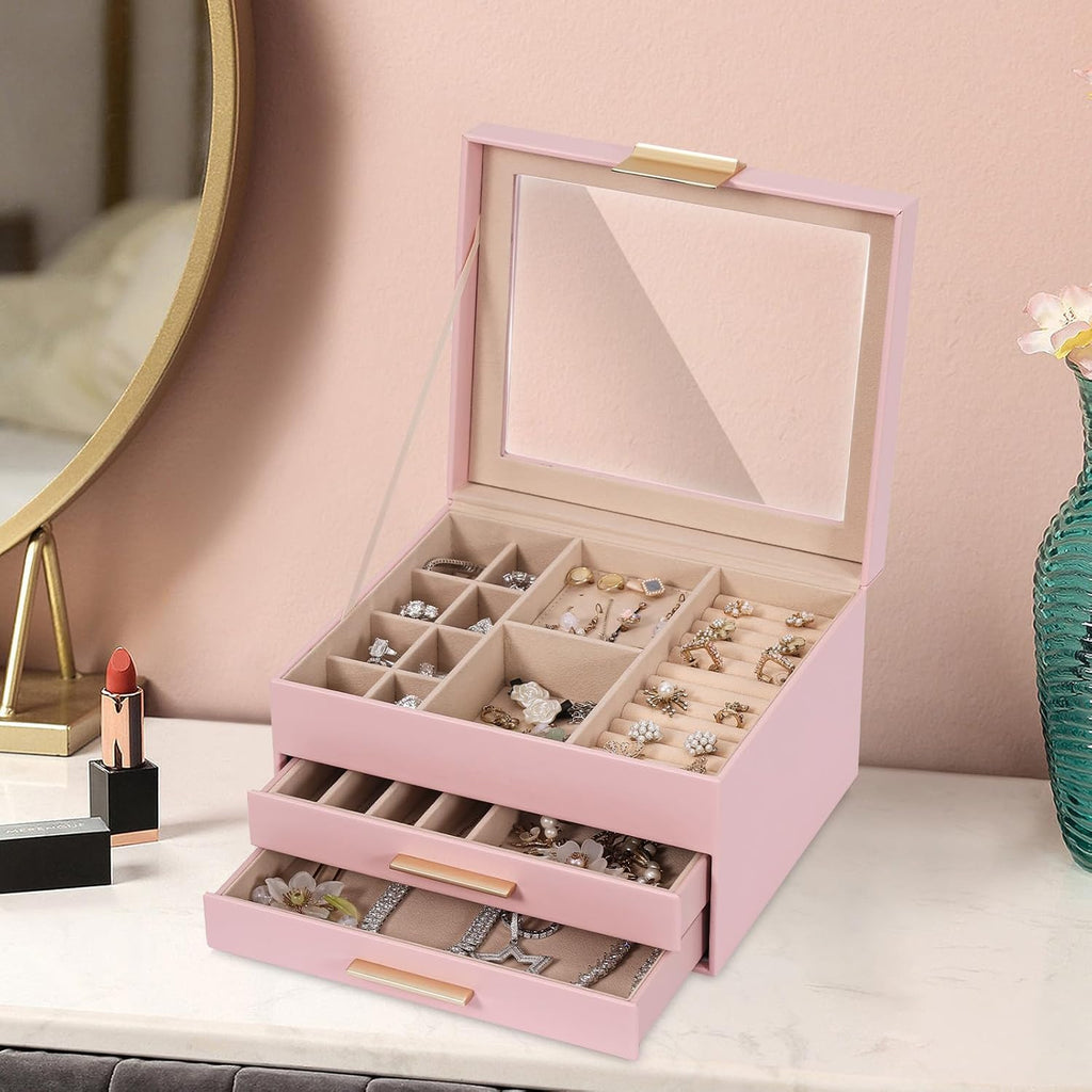 3-Layer Jewelry Box for Women, Jewelry Organizer with Glass Lid and Drawers, Jewelry Organizers and Storage for Necklaces, Rings, Earrings, Bracelets - White/Green/Black/Pink