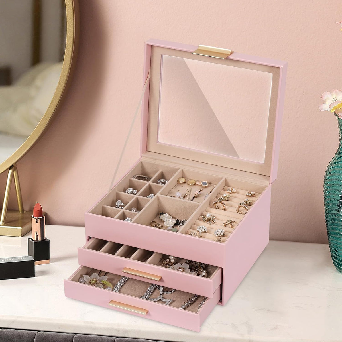 3-Layer Jewelry Box for Women, Jewelry Organizer with Glass Lid and Drawers, Jewelry Organizers and Storage for Necklaces, Rings, Earrings, Bracelets - White/Green/Black/Pink