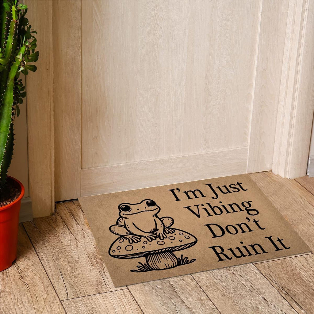 Funny Welcome Doormat for Entrance Way Indoor Front Porch Decor Anti-Slip Rubber Rugs Novelty Prank Gift Mats 23.7"(L) X 15.9"(W) (I‘M Just Vibing Don'T Ruin It Cute Frog with Mushroom)