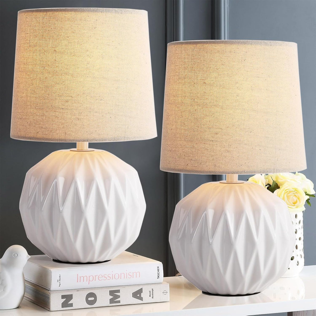 Ceramic Bedroom Table Lamps Set of 2, Small Bedside Lamp, White Lamp with Linen Shade, Mid Century Modern Nightstand Lamp for Bedroom Living Room Office, 7W LED Bulb Included