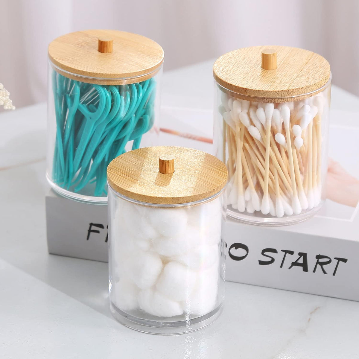 3 Pack Acrylic Qtip Holder Dispenser for Cotton Ball Pad round Swab Holder,Clear Plastic Apothecary Jars for Bathroom Canister Accessories Storage Organizer and Vanity Makeup Organizer