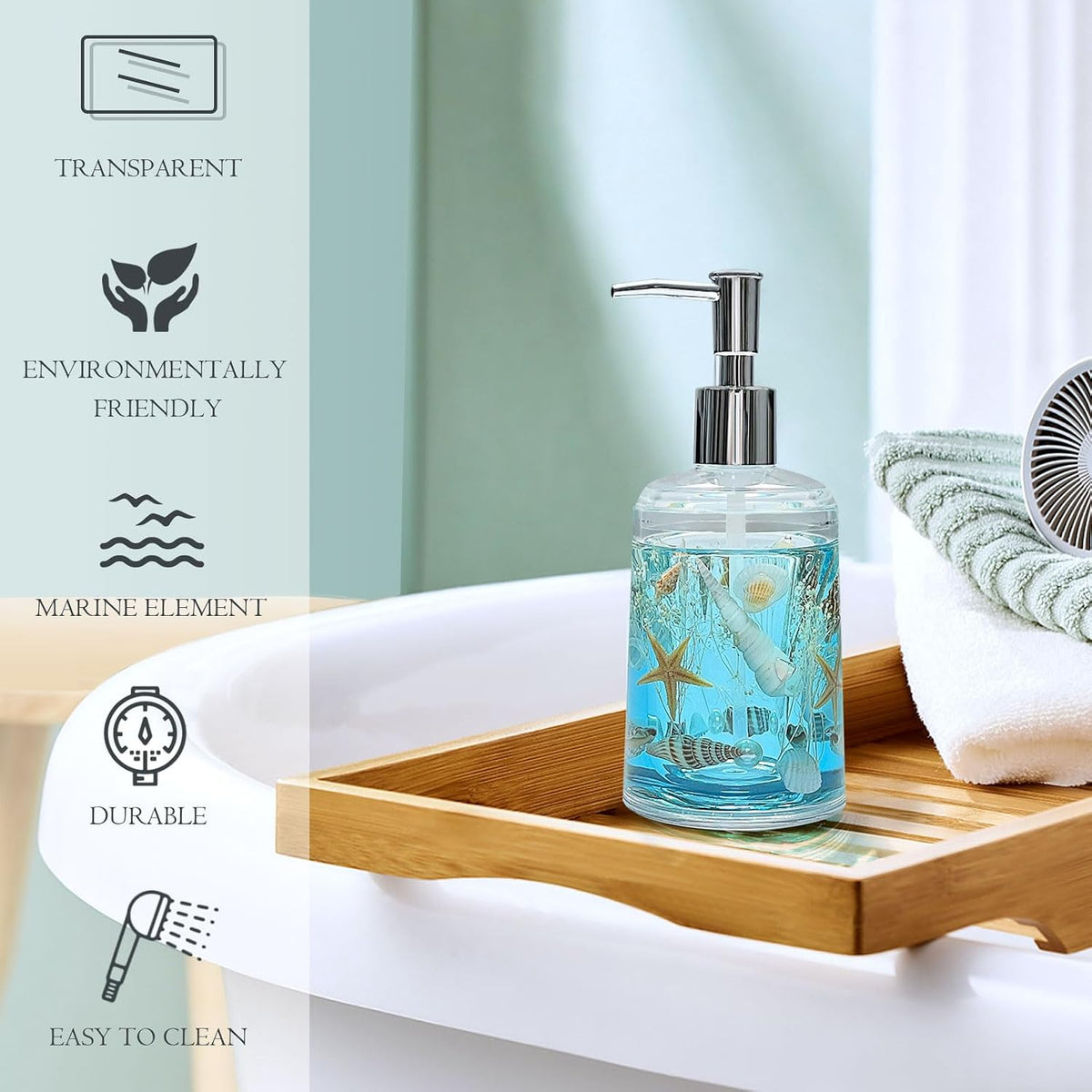 Soap Dispenser with Pump Acrylic W/Nature Seashell Handmade Bathroom Hand Soap Dispenser, Kitchen Refillable Liquid Dispenser for Soap,Dish Soap, Lotion (Blue)