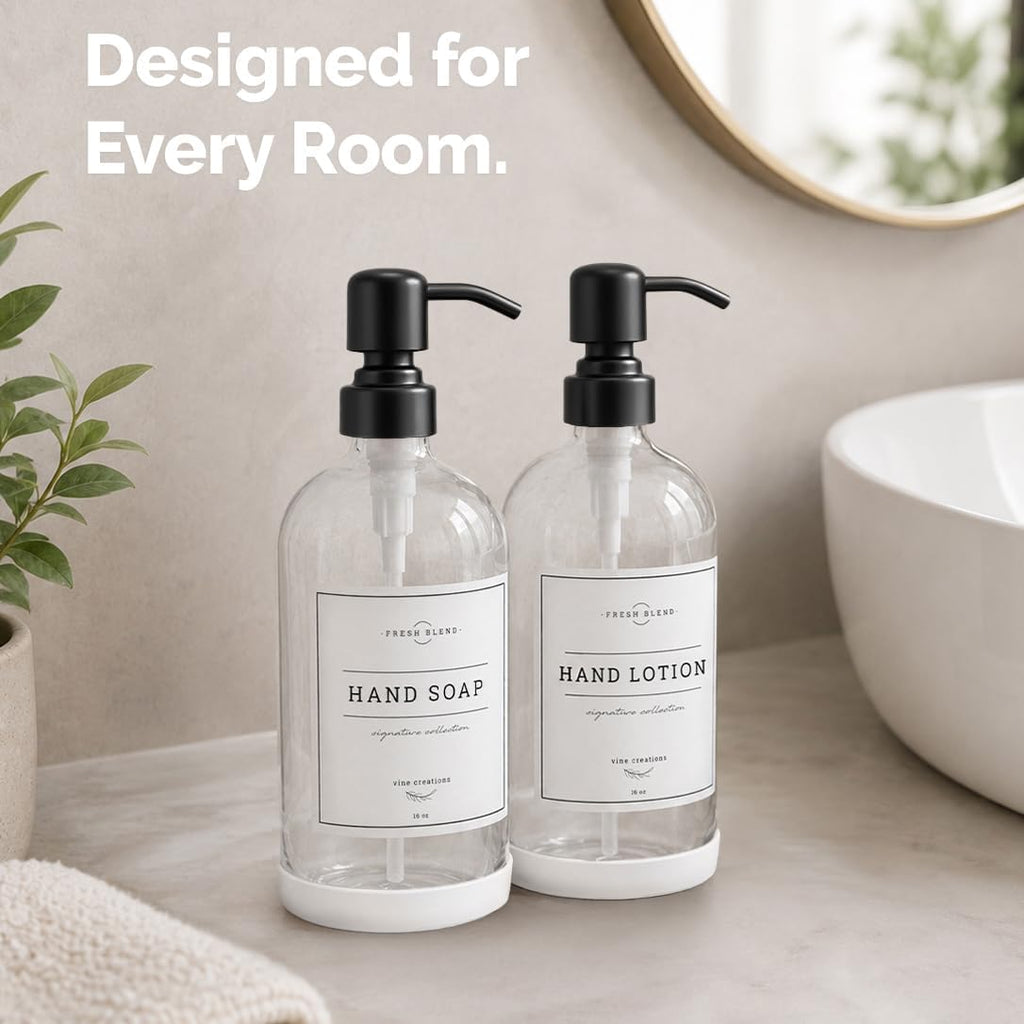 Clear Glass Soap Dispenser, 2 Pack Kitchen Soap Dispenser Set with Stainless Steel Pump, 16 Oz Dish Soap and Hand Soap Dispensers for Bathroom with Waterproof Labels