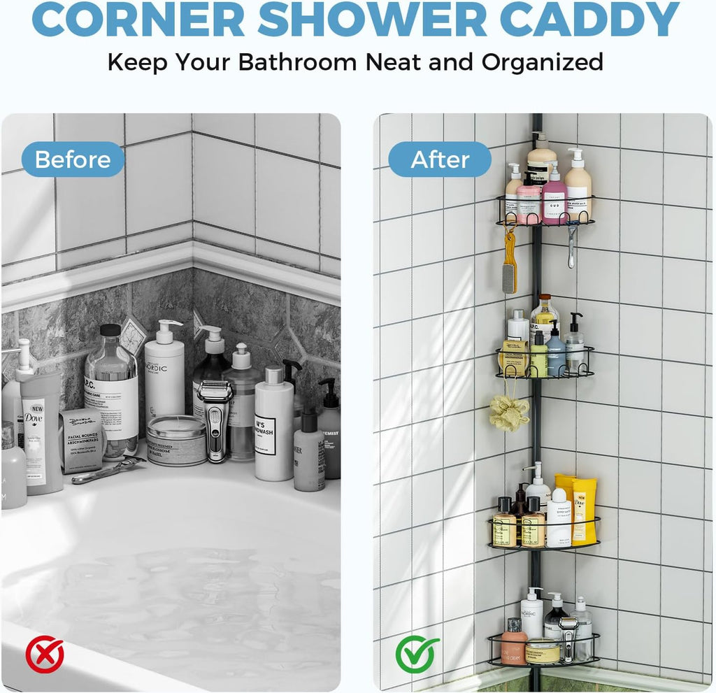 Corner Shower Caddy Tension Pole 4 Tier Shower Organizer, Black
