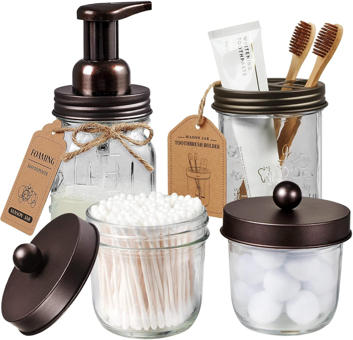 Mason Jar Bathroom Accessories Set, 4Pcs Glass Rustic Bathroom Set