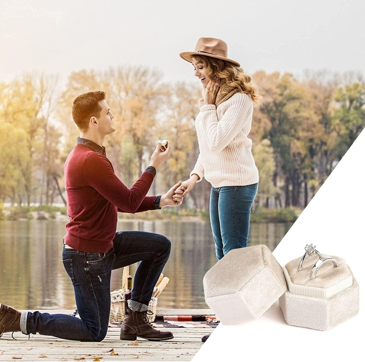 Velvet Ring Box,Hexagon Wedding Double Small Ring Box Proposal Engagement