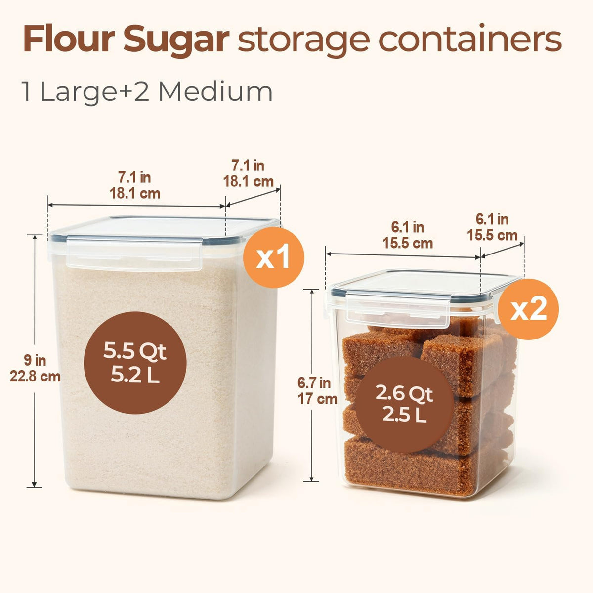 Airtight Flour and Sugar Container 2.6Qt & 5.5Qt 3Pack, Wide Mouth