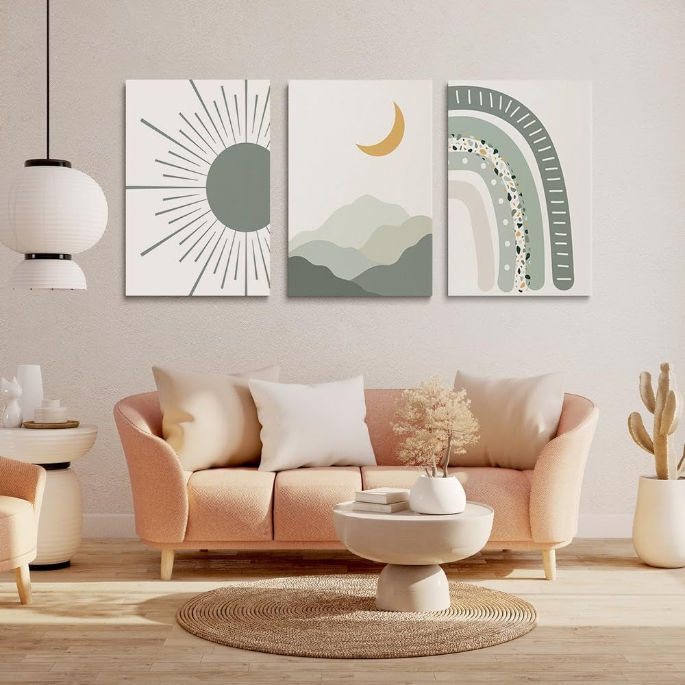 Boho Nursery Print Set of 3,Sun Rainbow Moon Baby Room Posters,Sage Green Wall Art Celestial Bedroom Kids Room Wall Art Decor, Abstract Art Prints,Mid Century Mountain Art for Home Decor 12"X16"