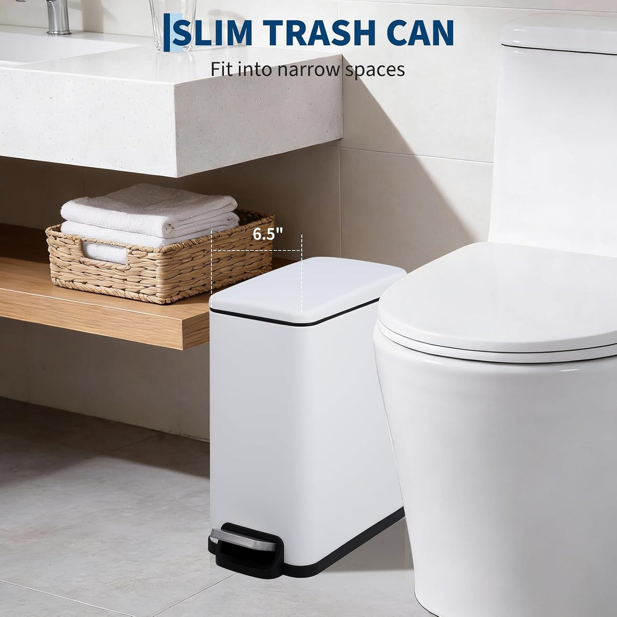 Slim Kitchen Trash Can with Lid, 10L Narrow Stainless Steel Garbage Can, Step Pedal Trash Bin with Soft Close & Stay Open Lid, Space Saving Can with Inner Bucket for Bathroom Office White