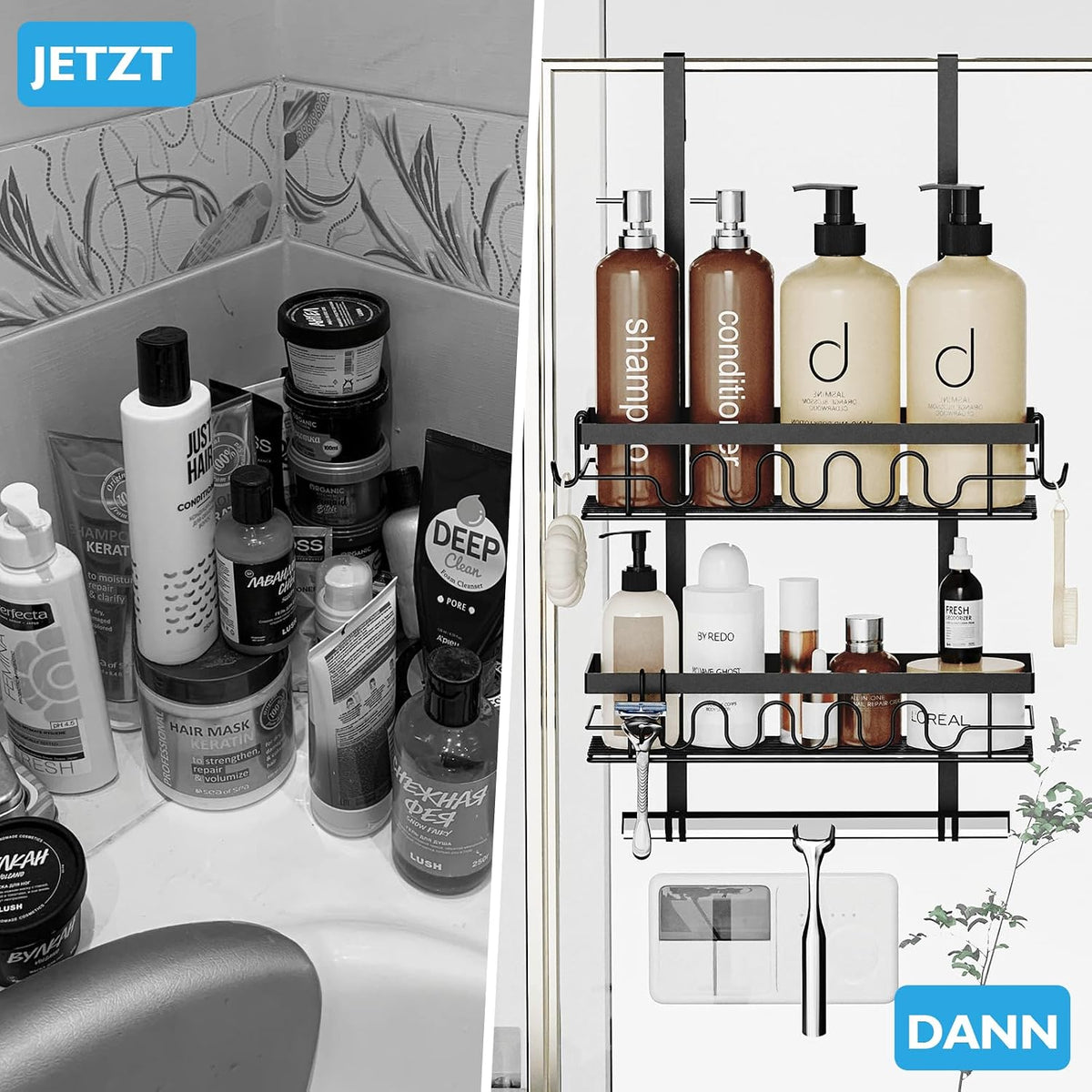 Over the Door Shower Caddy Hanging, Rustproof Hanging Shower Organizer for Glass Door, No Drilling Adjustable Shower Shelves for inside Shower with 4+3 Hooks, Suitable for Kitchen/Bathroom/Balcony