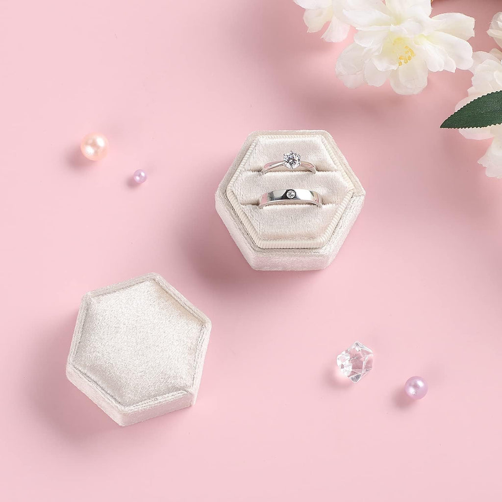 Velvet Ring Box,Hexagon Wedding Double Small Ring Box Proposal Engagement