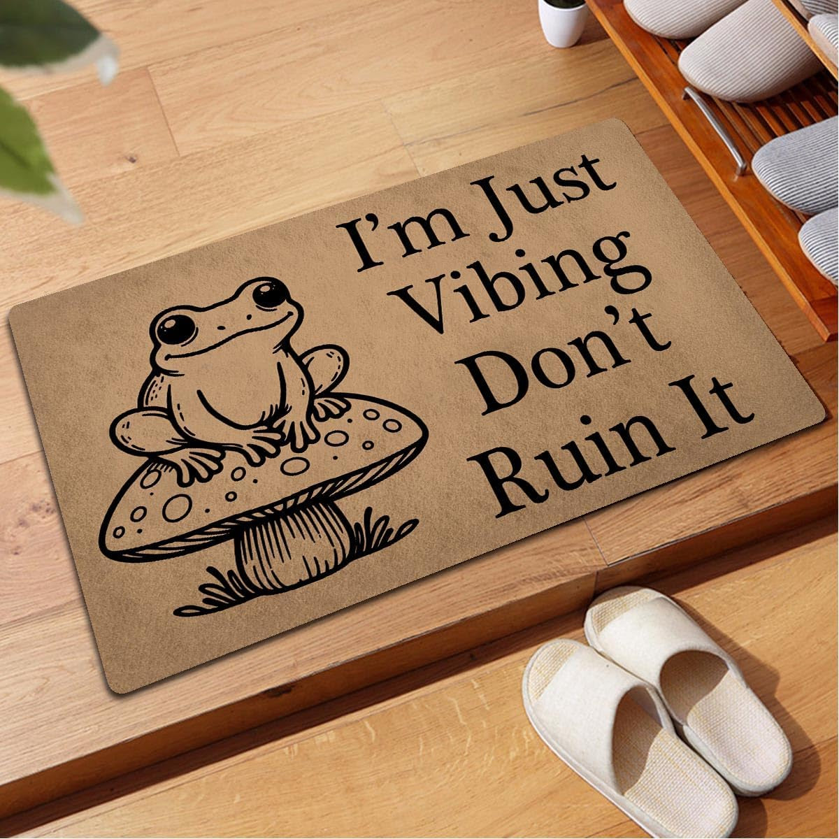 Funny Welcome Doormat for Entrance Way Indoor Front Porch Decor Anti-Slip Rubber Rugs Novelty Prank Gift Mats 23.7"(L) X 15.9"(W) (I‘M Just Vibing Don'T Ruin It Cute Frog with Mushroom)