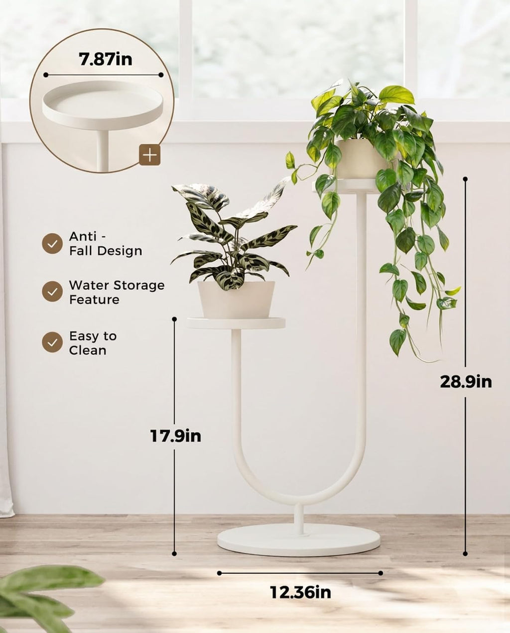 Metal Plant Stand Indoor Corner Plant Stands 2 Tier Plant Shelf for Tall Plant Holder Black Plant Shelves for Living Room Bedroom Midcentury Modern Home Decor(White)